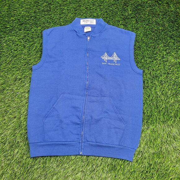 Vintage 80s San-Francisco Fleece Vest Medium 20x23 Cropped Blue - Picture 1 of 12